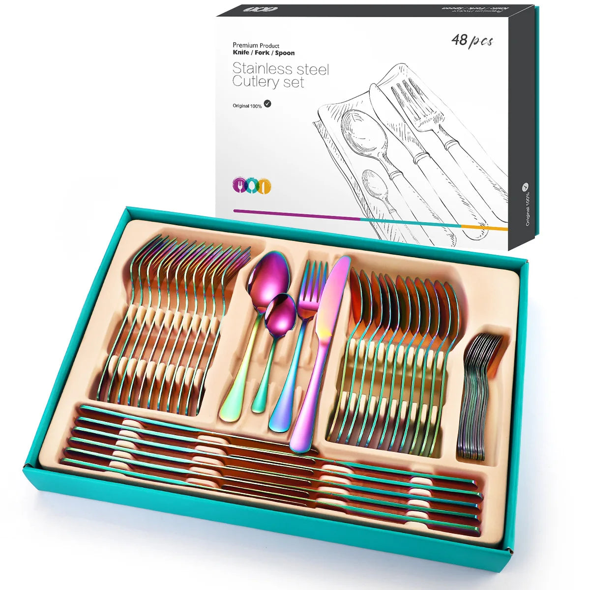 Fork Knife and Spoon Set Stainless Steel Gold Flatware 48pcs With Box Sets Dinner Sliver Titanium Wedding 48 Piece Cutlery Set