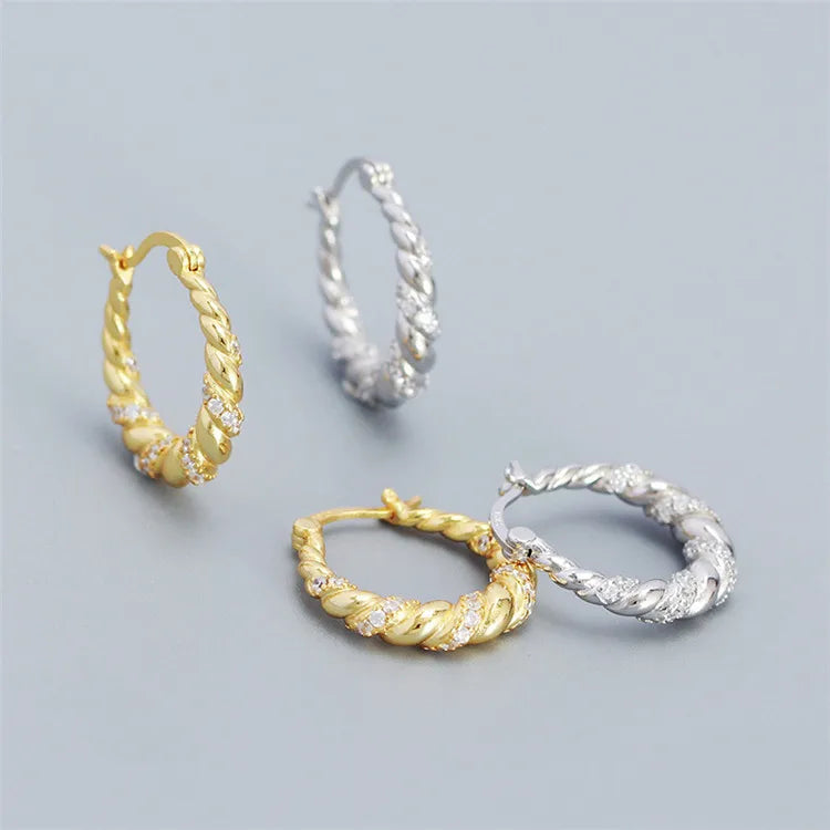 SP Chunky Hoops Geometric S925 Sterling Silver Luxury Zircon U Shaped Twist Hoop Earrings