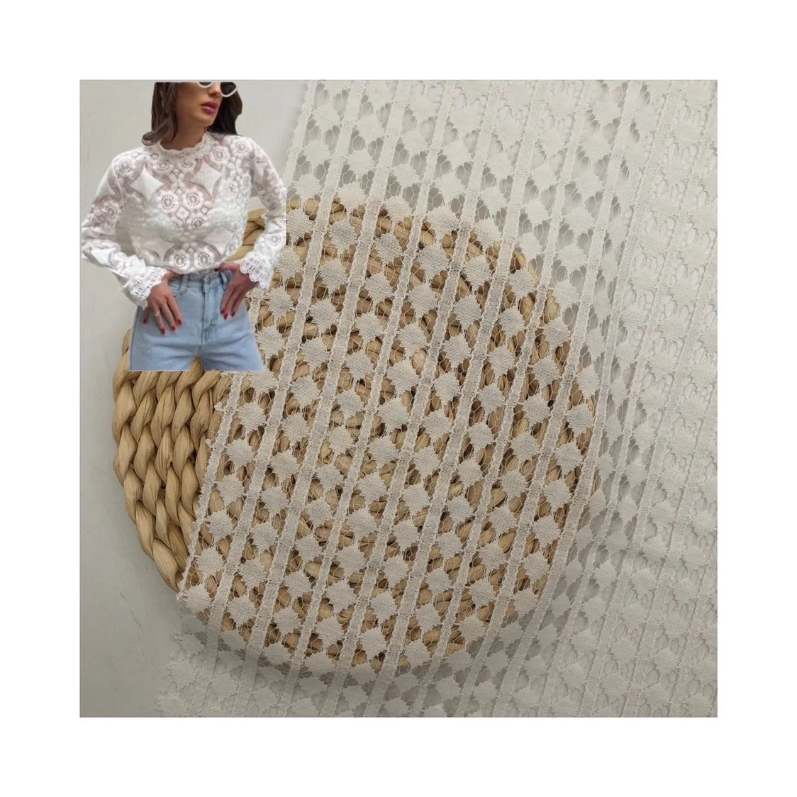 2024 New Fashion Knitted 60%Rayon 40%Nylon Floral Jacquard Lace Fabric for Women's  Clothing