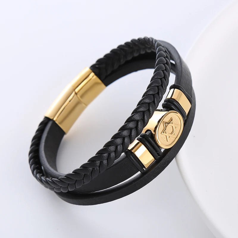 Custom Stainless Steel Magnetic Clasp Personalized Black Mens Leather Weave Bracelet