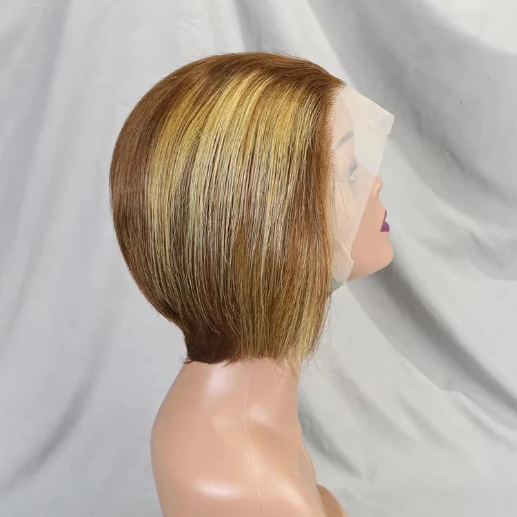 Wig Female Medium Dyed Brown Golden Short Hair Wigs Peruvian Human Hair Highlight Bob Wig for Women