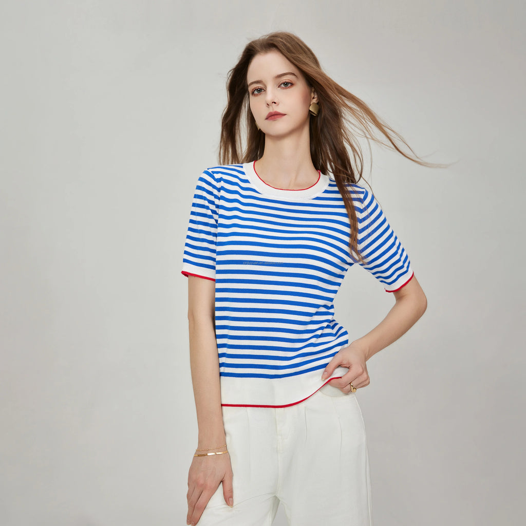 80% Viscose 20% Polyester Knitted Top Women Breton Striped Short Sleeve Sweater Contrast Trim French Chic Pullover Jumper Top
