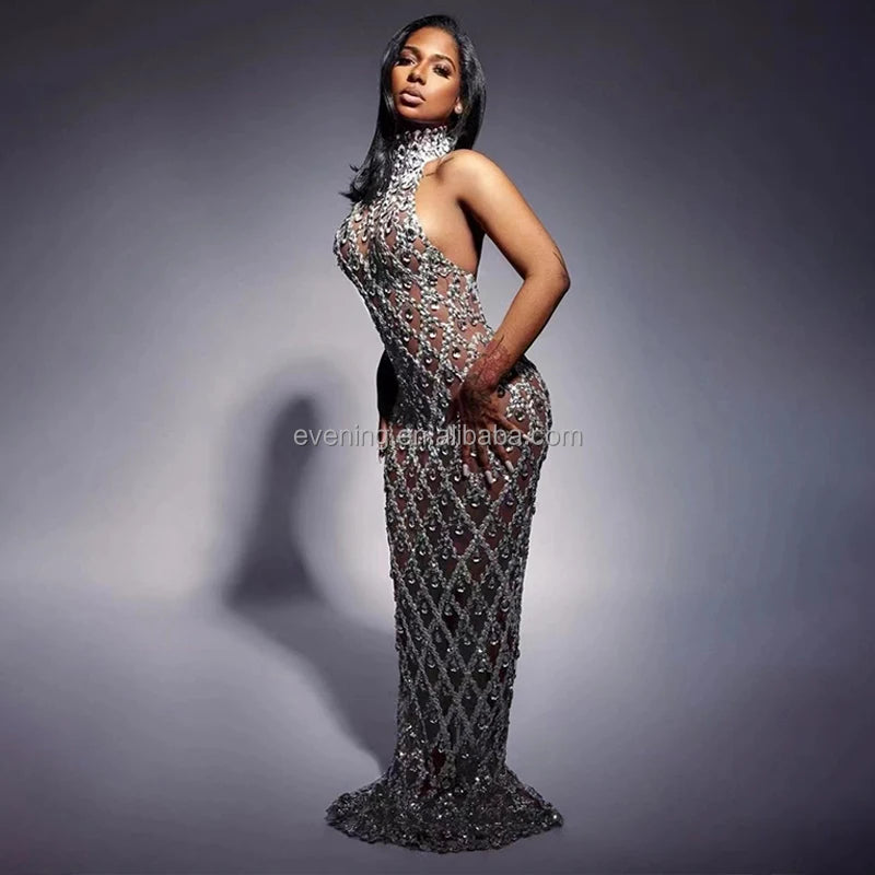 Elegant Backless Sequin Diamond Dinner Gown Lady Sexy Formal Wedding Guest Cocktail Dress Women Long Night Party Evening Dresses