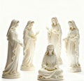 White Resin Virgin Mary Figurines with Gold Accents in Seated Meditation and Standing Serene Poses