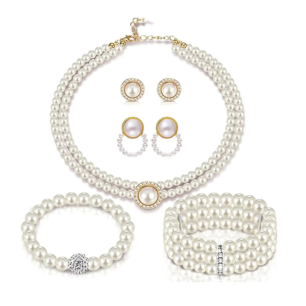 Alloy Artificial Pearls Multi-Layer Trendy Bride Necklace Earrings Wedding Bridal Bridesmaid Jewelry Gift Party 5 Pcs/Set