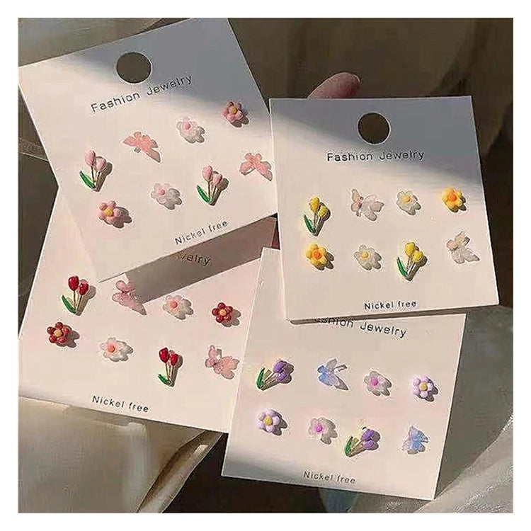 2025 Korean Version Cute Student Girl Ear Studs Set Acrylic Butterfly Tulip Flower Earrings for Women