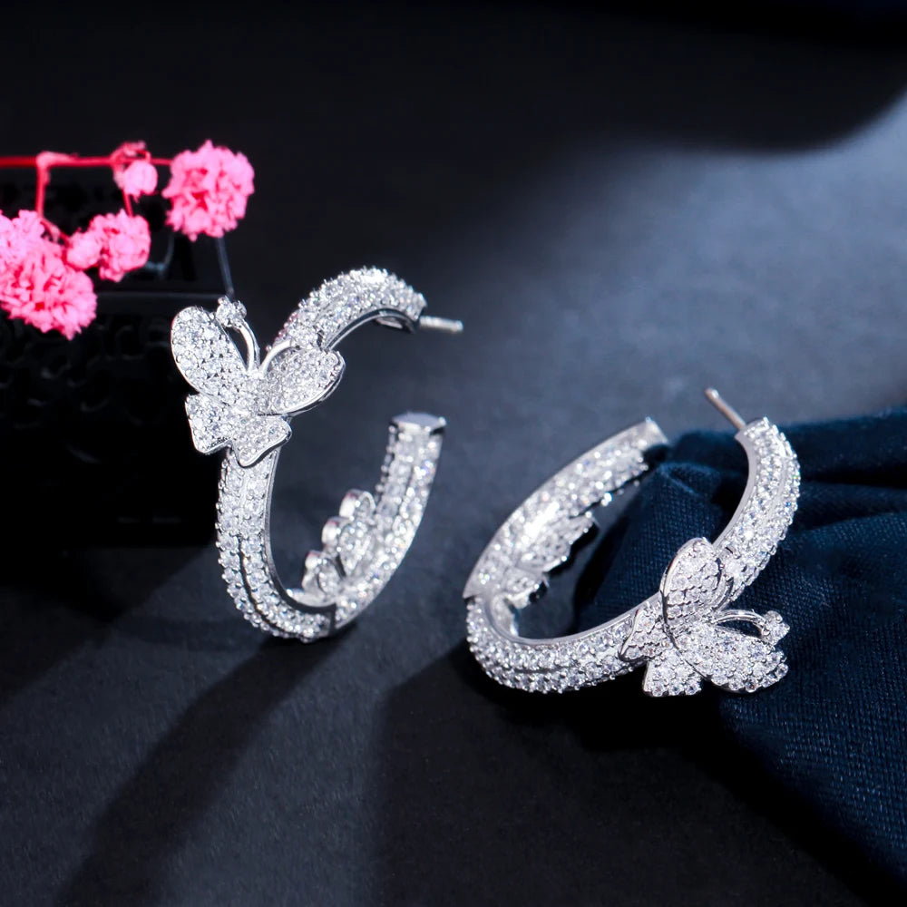 Shiny Micro Pave Cubic Zirconia Circle Round Cute Butterfly Hoop Earrings for Women New Fashion Party Jewelry
