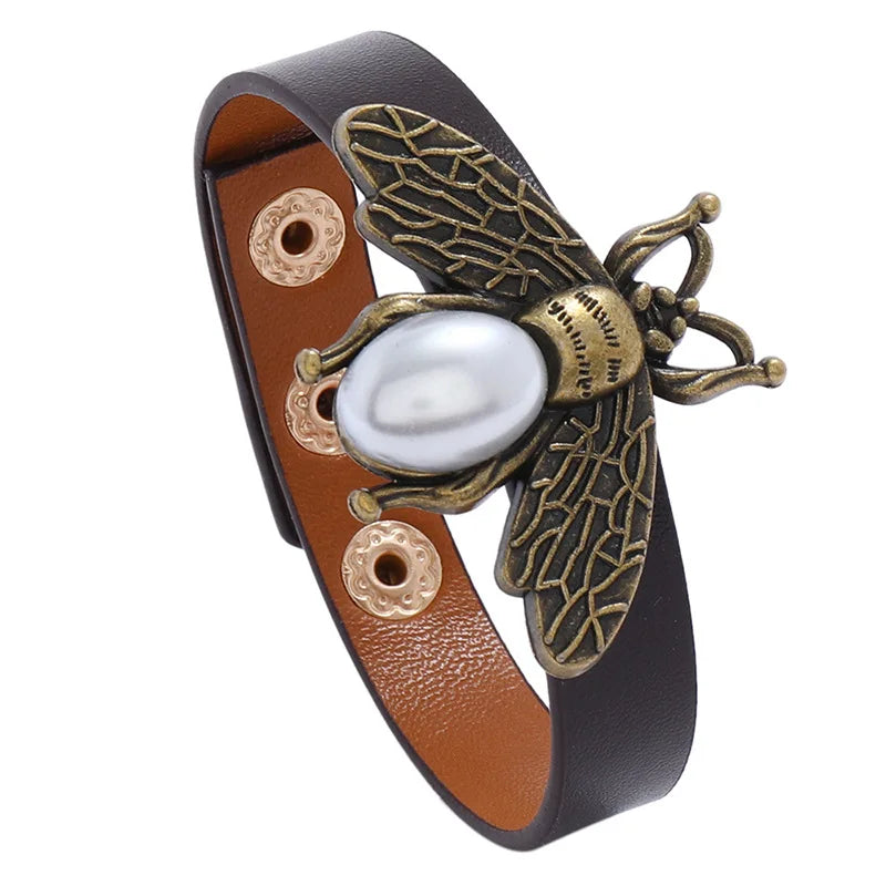 Creative New Fashion Alloy Pearl Bee Brown Bracelet Men and Women's PU Leather Fashion Bangles