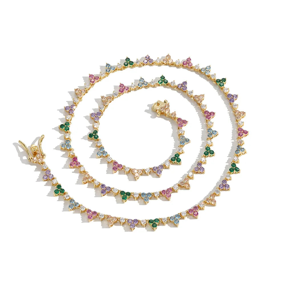 Brass Micro Pave Setting 2mm Multi Color Cz 1 Row Tennis Chain Necklace