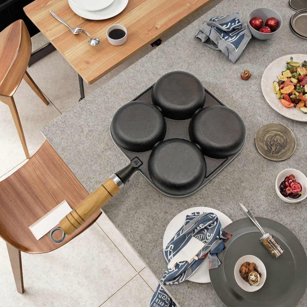 Cast Iron Skillet 4 Holes Egg Hamburger Pancake Pan Flat Nonstick Egg Dumpling Pan Household Hamburger Skillet
