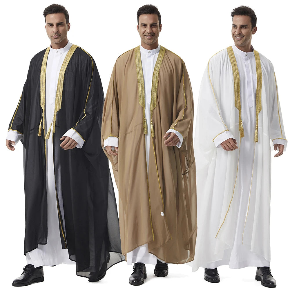 New Arrival Muslim Arab Men Thobe Thawb Caftan Applique Lace Tassel Chiffon Cape Summer Arabic Bisht for Men