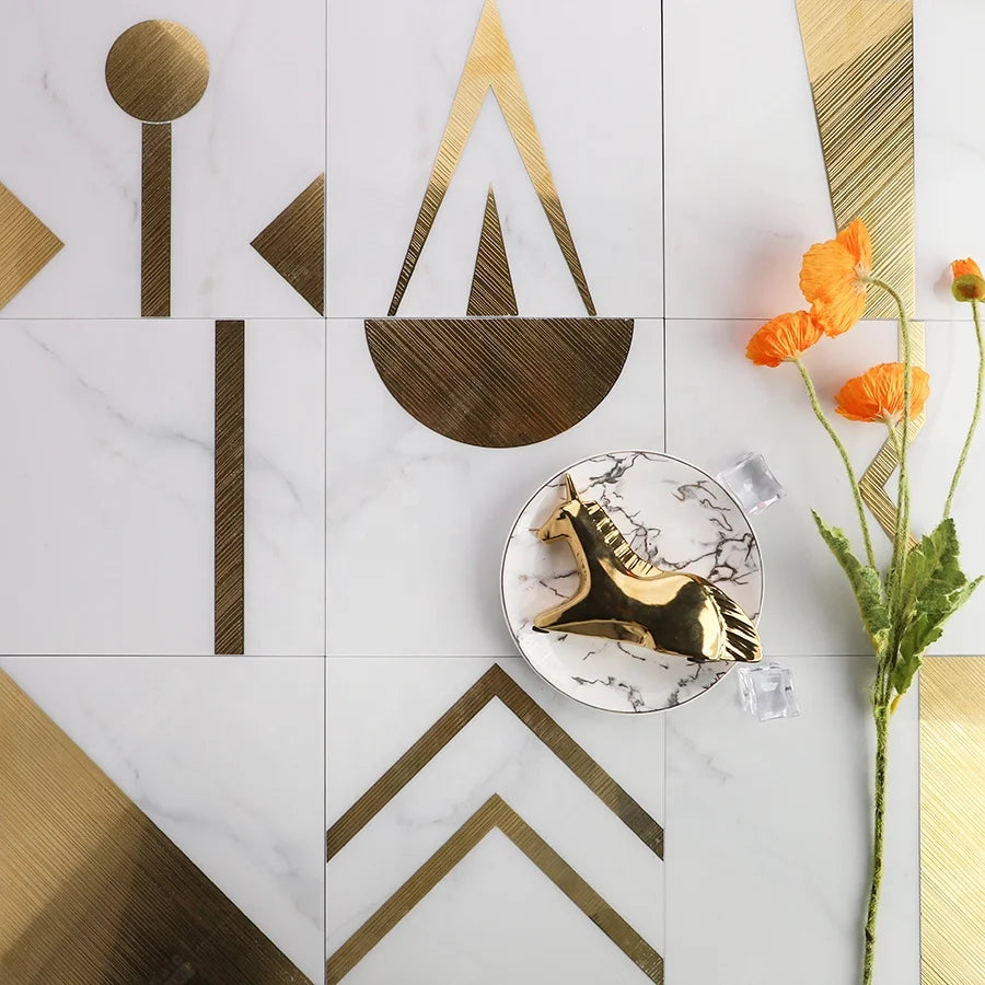 China 200x200mm Luxury Marble Look Geometric Pattern White Gold Porcelain Floor and Wall Tiles for Backsplash Bathroom Kitchen