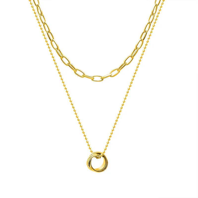 Fashion Jewelry 18k Gold Plated Necklace Paper Clip Chain Stainless Steel Double Layer Beaded Ring Pendant Necklace
