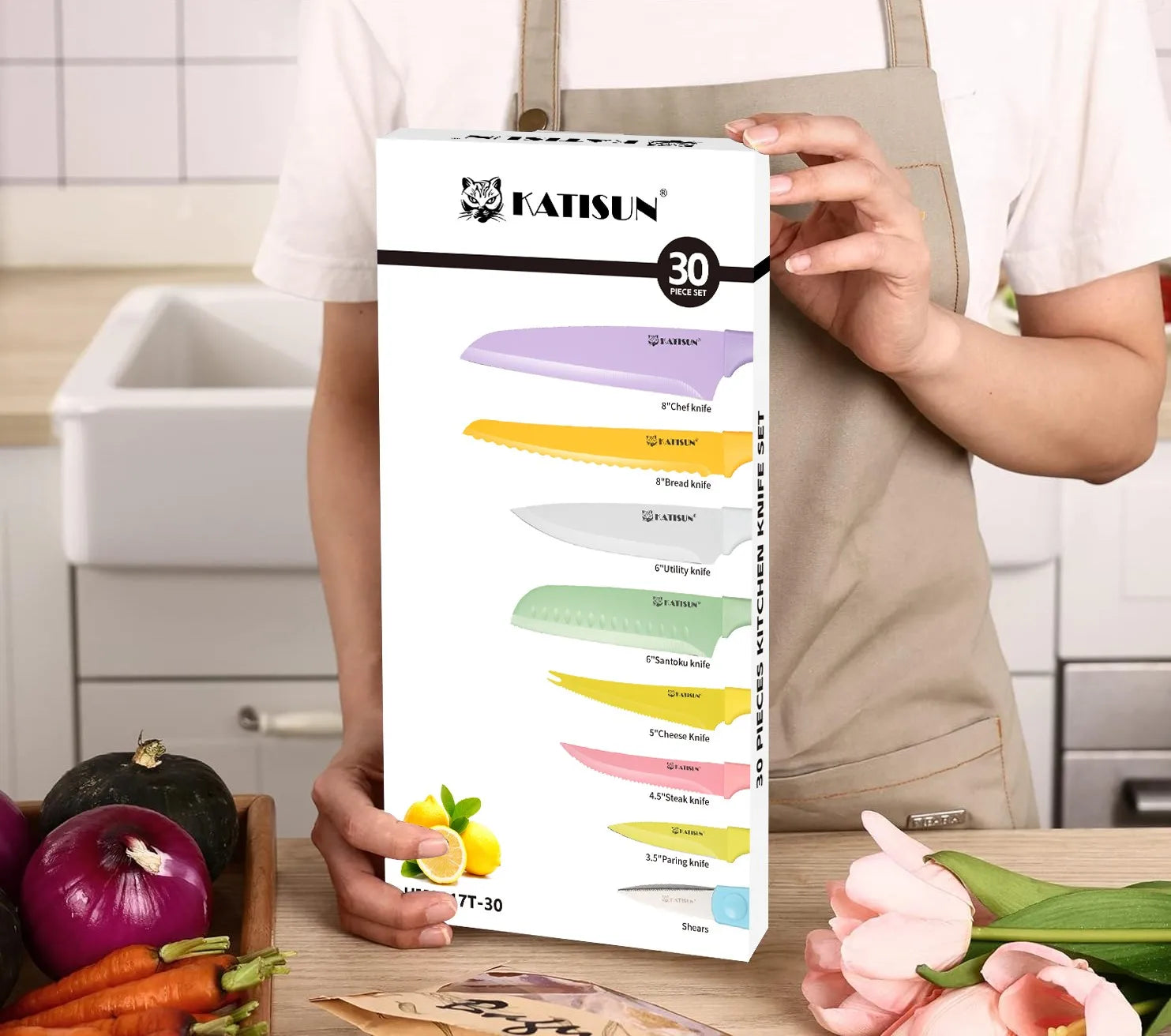 30 Piece Multifunctional Carbon Steel Blade Coloured Knife Set with Cutting Board Scissors