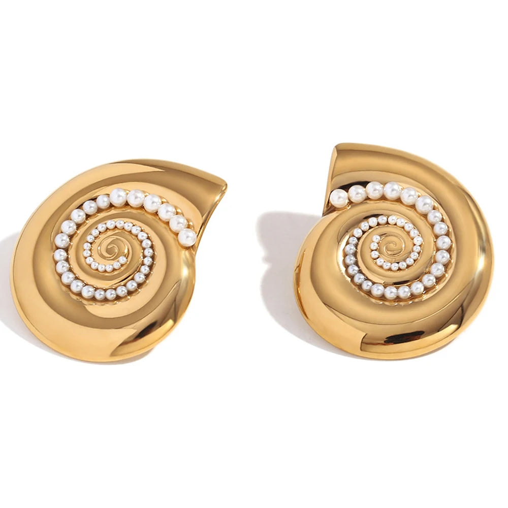 Trendy Artificial Pearls Summer Holiday Charm Jewelry Waterproof Gold Plated Stainless Steel Conch Drop Earrings for Women