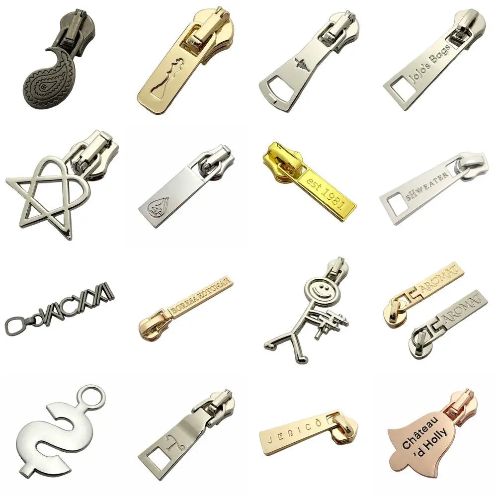 US Standard Custom logo Embossed Gold Metal Zipper Puller for Bag / Clothes