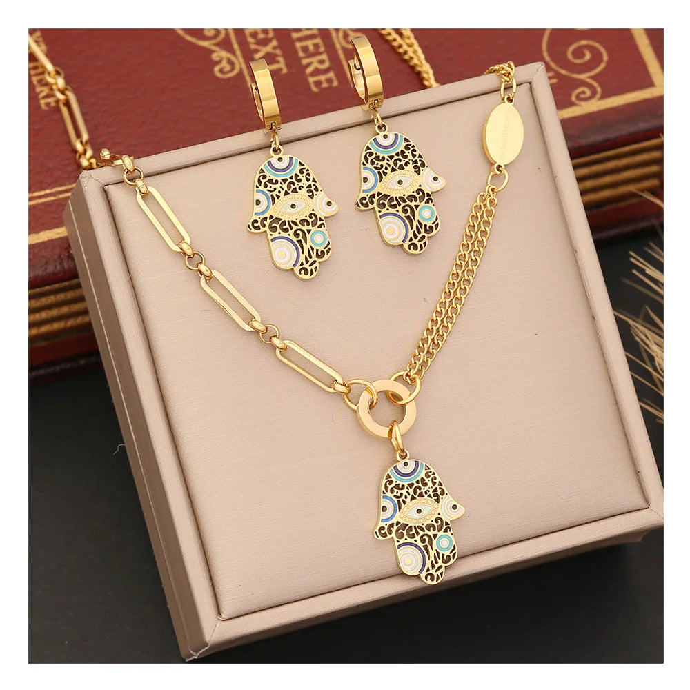 New 18 Gold Plated Stainless Steel Devil Eye Earrings Bracelet Necklace Jewelry Sets Hamsa Hand Pendant Necklace Women