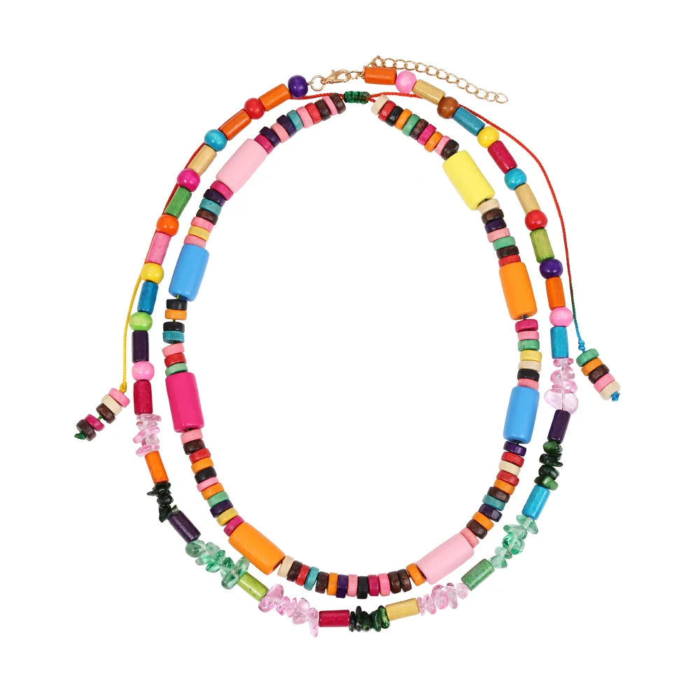 Welwish Hot Vintage Style Women Two Layer Handmade Colored Wood Bead Necklace