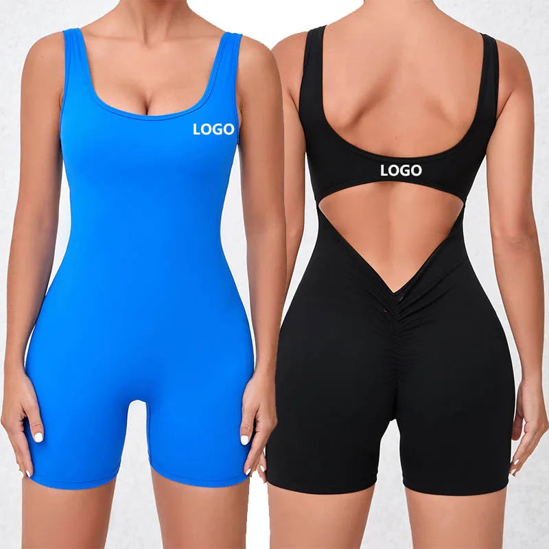 Janya V Waist Women's Sports Jumpsuit Hollow Out Removable Pads Scrunch Butt Gym Fitness Bodysuit One Piece Solid Yoga Jumpsuit