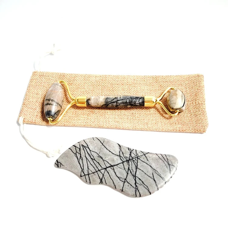 Diy Wholesale Custom Logo Facial Jade Stone Massage Roller Gua Sha Tool Set Picasso JasperJade Roller for Face