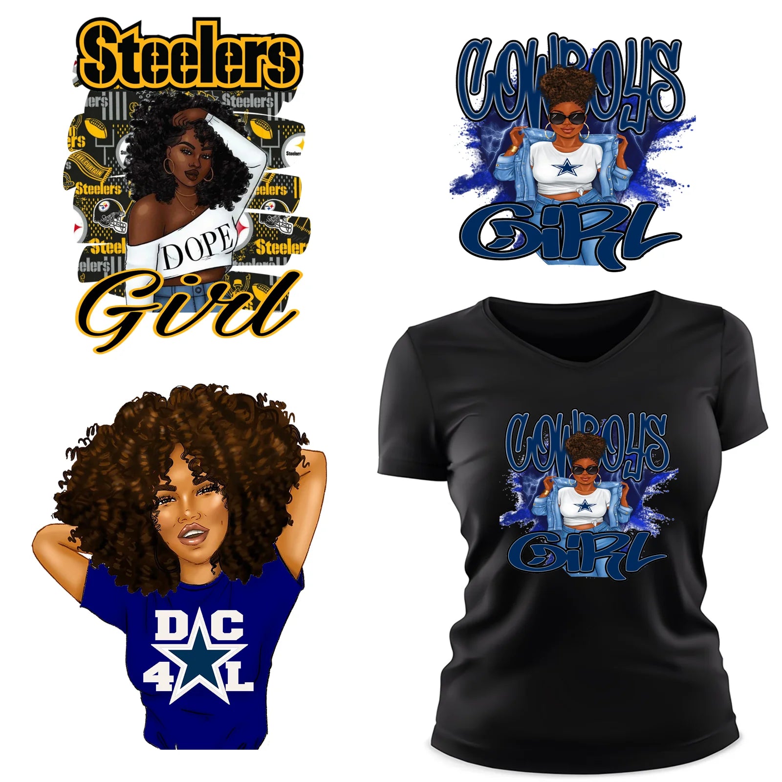 Wholesale JM Fashion Afro Football Girl Iron Heat Transfer Printing Stock Design Customizable Garment Stickers Decals Appliques