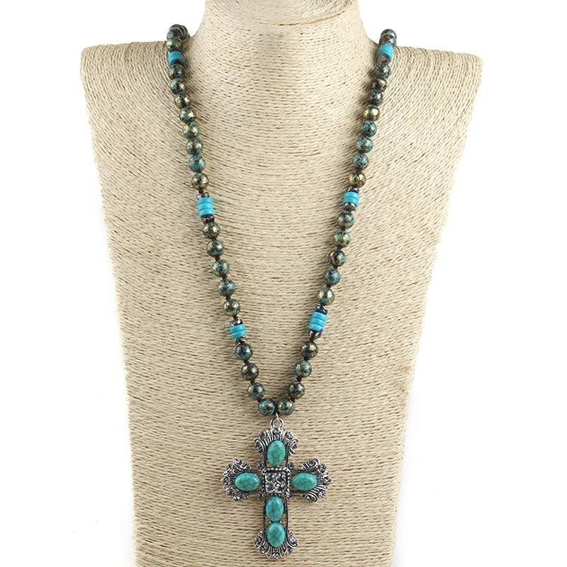 Women Statement 10MM  CCB Flat Blue Turquoise Necklace Alloy Rhinestone  Pendant Navajo Necklace Western Jewelry
