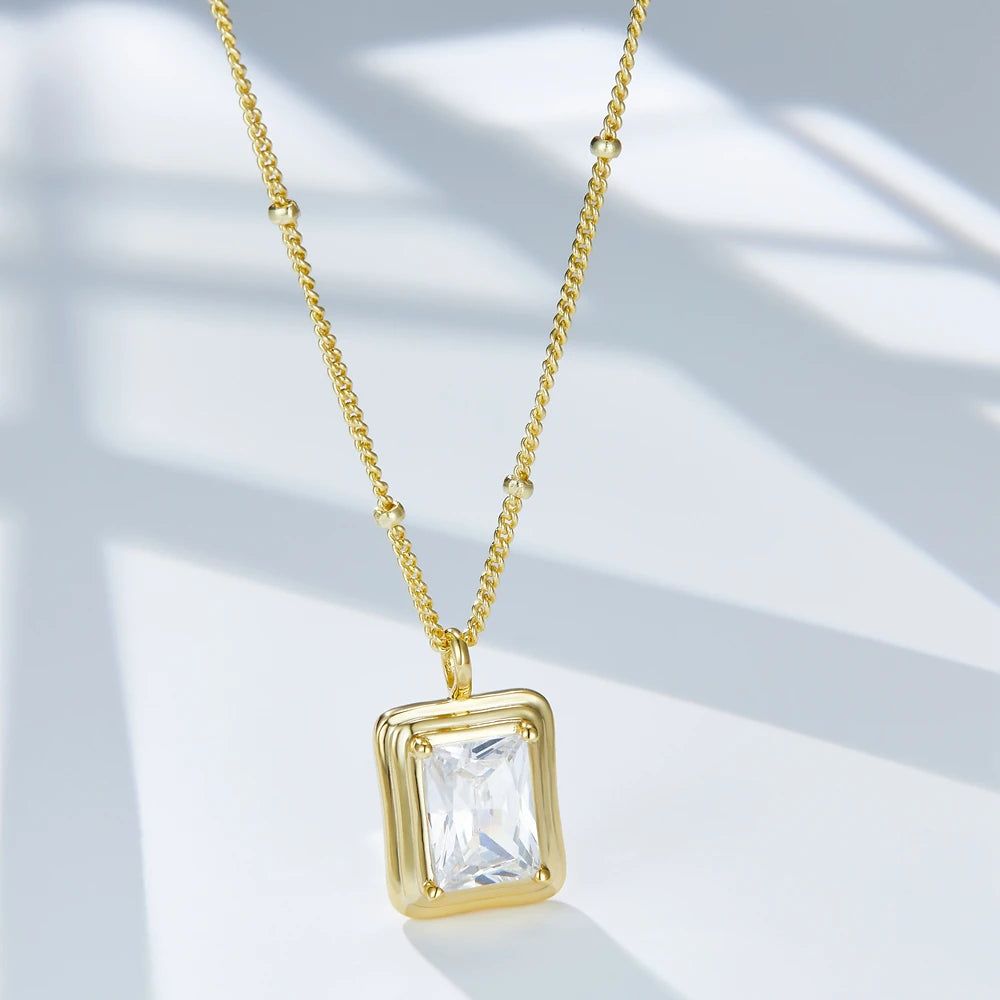 925 Sterling Silver  Elegant Square Geometry Big Aaaaa Zircon Perfume Bottle Shaped Necklace Fine Jewelry