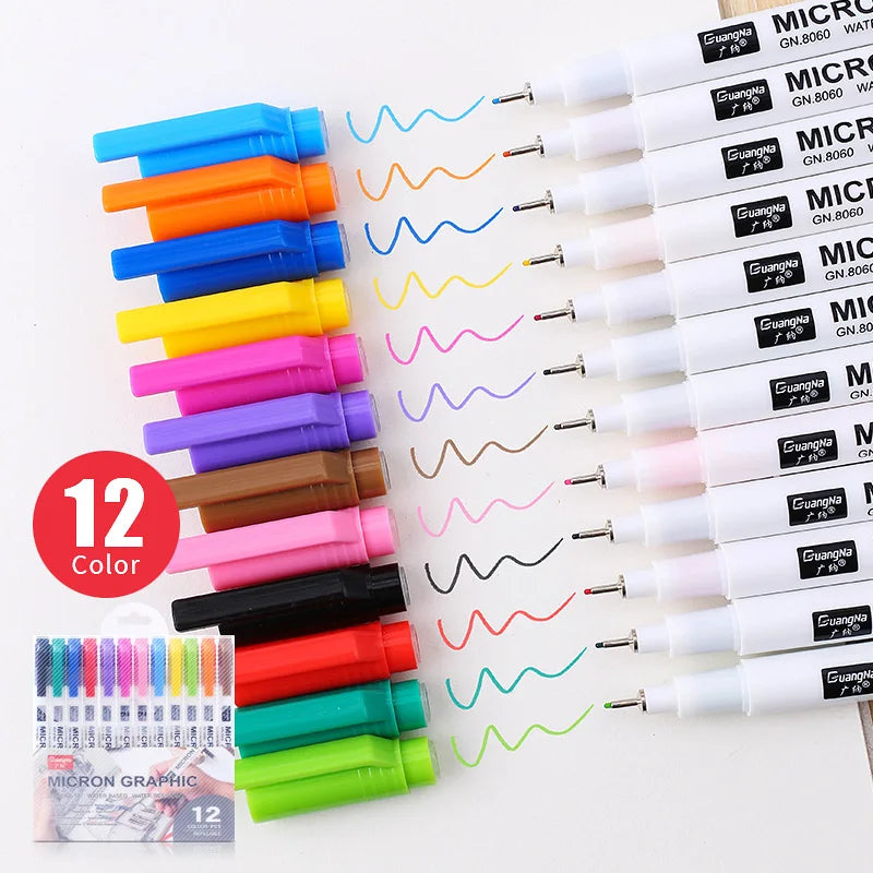 12 Colors Fineliner Color Pen Water Based Assorted Ink for Painting School Office Art