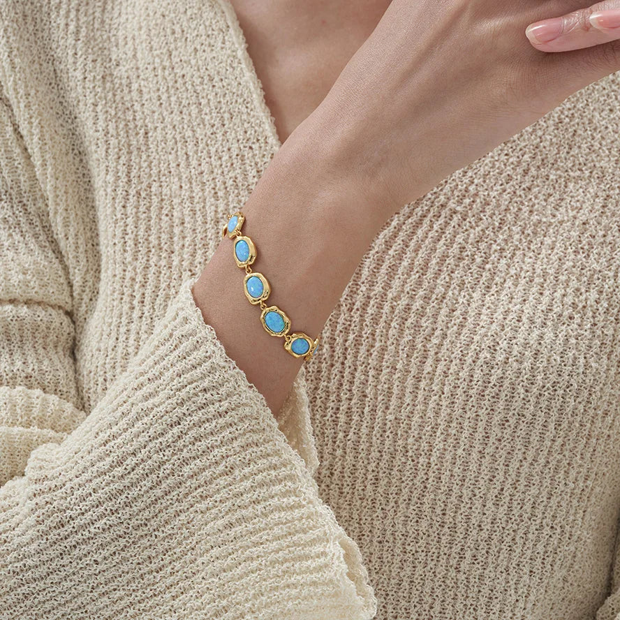 18K Gold Plated Blue Opal Stone Bracelet 925 Sterling Silver Luxury Handmade Natural Gemstones Bracelet for Women