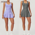 YOKE New Custom One Piece U Neck Zipper Yoga Clothing Sets Womens Outdoor Running Fitness Tennis Skirt