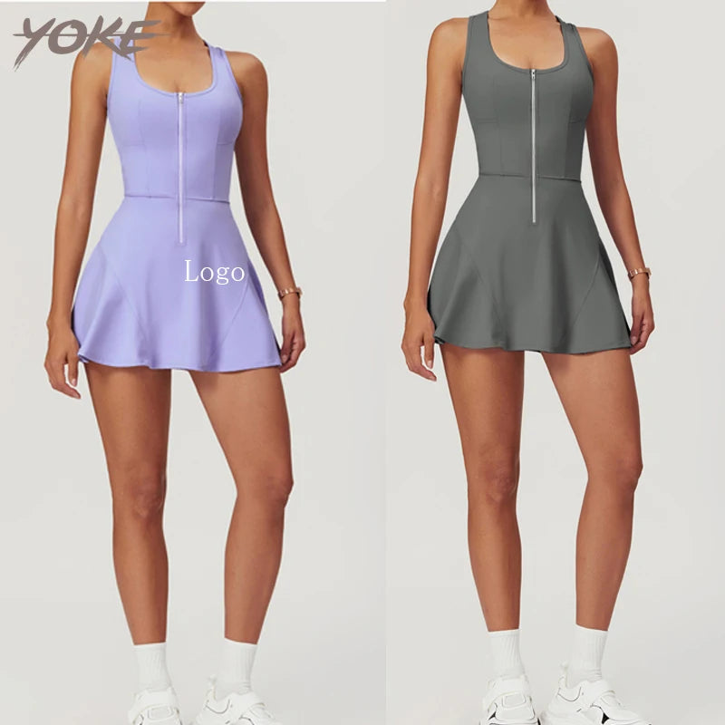 YOKE New Custom One Piece U Neck Zipper Yoga Clothing Sets Womens Outdoor Running Fitness Tennis Skirt