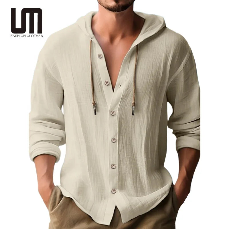 Liu Ming Customized Wholesale Long Sleeve Hooded Shirts for Men Cotton Linen Solid Pattern for Spring Autumn