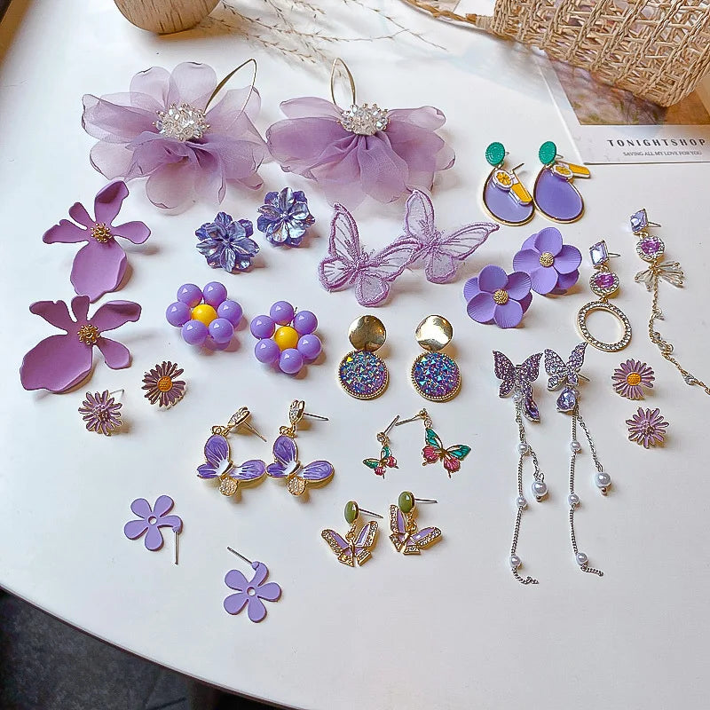 HOVANCI 2020 Korean Summer New Trendy Purple Series Flower Stud Earrings Butterfly Flower Drop Earring for Women