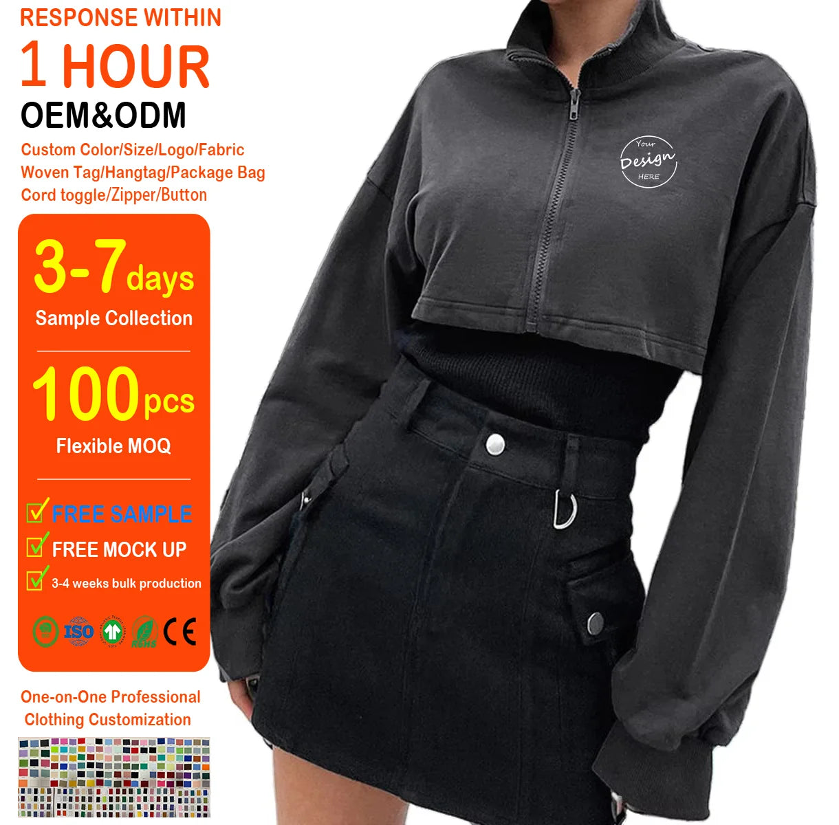 Spring Fashion Women's Casual Stand Collar Long Sleeve Zip up Coat Women Crop Zip up French Terry Cropped Jacket for Ladies