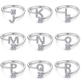 925 Sterling Silver Pave Zircon A-Z Letter Finger Ring Square Zircon Initial Charm Ring for Engagement and Wedding Jewelry