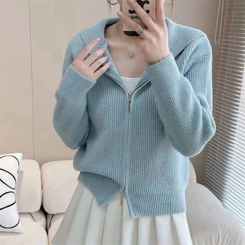 Cis Sweater Cardigan Women Korean Style Soft Zip Knitted Cardigan Candy Color Loose Cardigan Sweater Single Breasted Coat