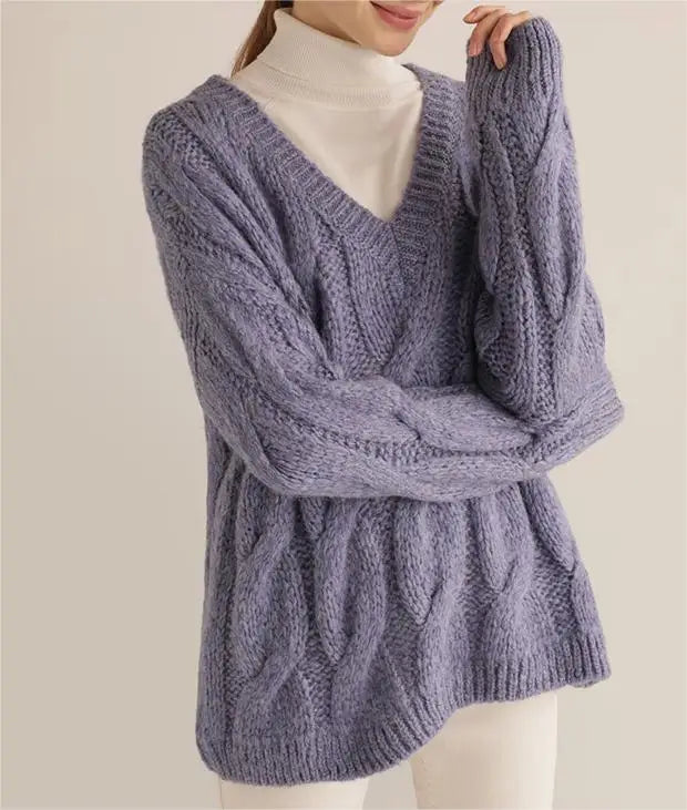 2026 Knitwear Manufacturer Customizable Ladies Cotton Cute Women's Winter Cable Knit V-neck Sweater Jumper for Women