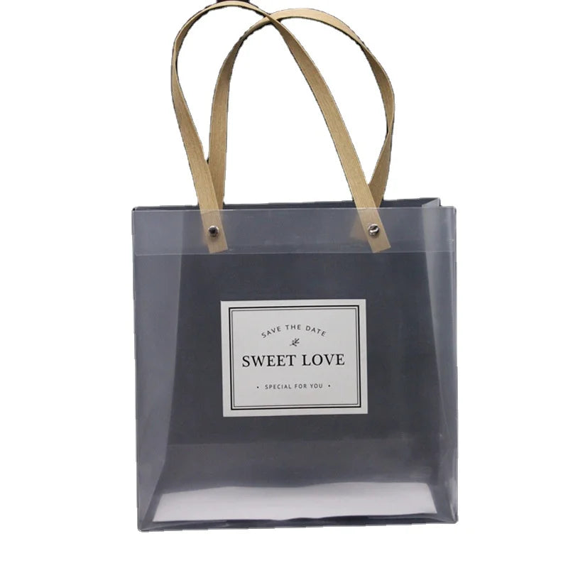 Custom Image Logo Transparent PVC Frosted Handbag Striped Pattern PP Plastic Shopping Tote for Promotion Advertising Gift Bags