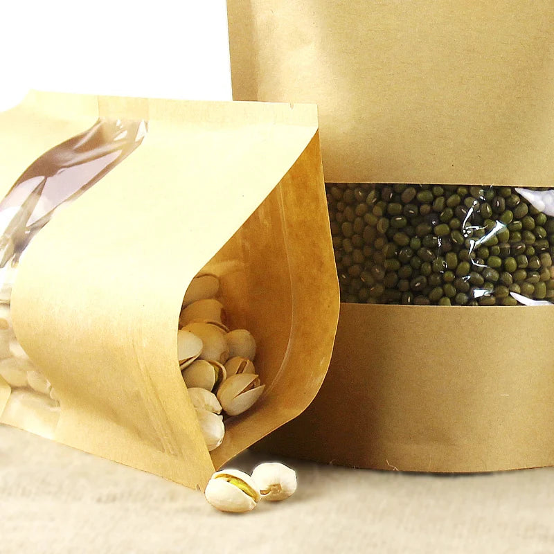 Stand up Kraft Paper Bag with clear Window Zipper for Food Flour Nut Rice Tea Spices Customizable Manufacturer