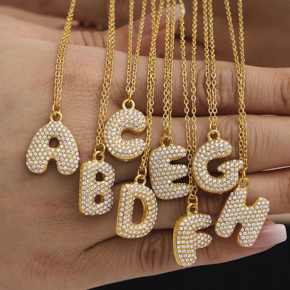 18K Gold Plated Hip Hop CZ Letter Necklace Stainless Steel Alphabet A-Z 26 Capital Initial Letters Pendant Women Luxury Jewelry