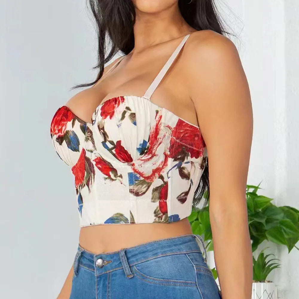 Women's New Printed Fishbone Corset Gathered to Shape Body Floral Short Breast Wrapping Suspender