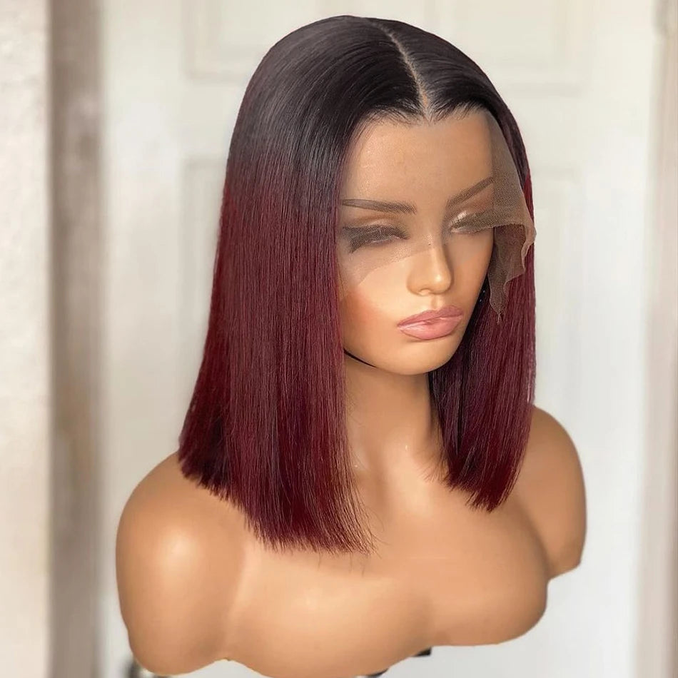 4x4 Lace Closure Bob Wig 12 Inch Remy Human Hair 1B/99J Color Bob Wig Double Drawn Human Hair Bob Lace Front Wig for Black Women