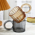 Vintage Hand Blown Embossed Flower Ribbed Colorful Reusable Big Ear Handgrip Vertical Striped Coffee Milk Drinking Round Mugs