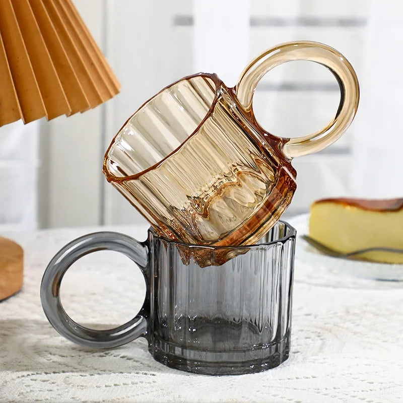 Vintage Hand Blown Embossed Flower Ribbed Colorful Reusable Big Ear Handgrip Vertical Striped Coffee Milk Drinking Round Mugs
