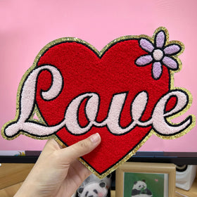 Big Size Designer Valentine Chenille Patches LOVE Heart Logo Patch With Gold Glitter Iron on for Clothing