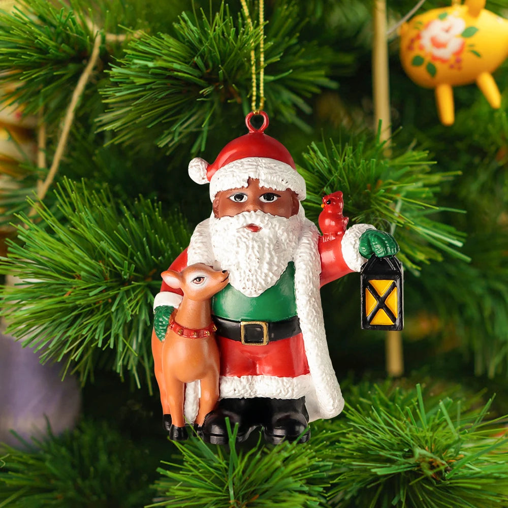 Santa Claus Resin Figurine with Lantern & Reindeer Hand-Painted MODEL Christmas Decor for Tree Tabletop Festive Displays