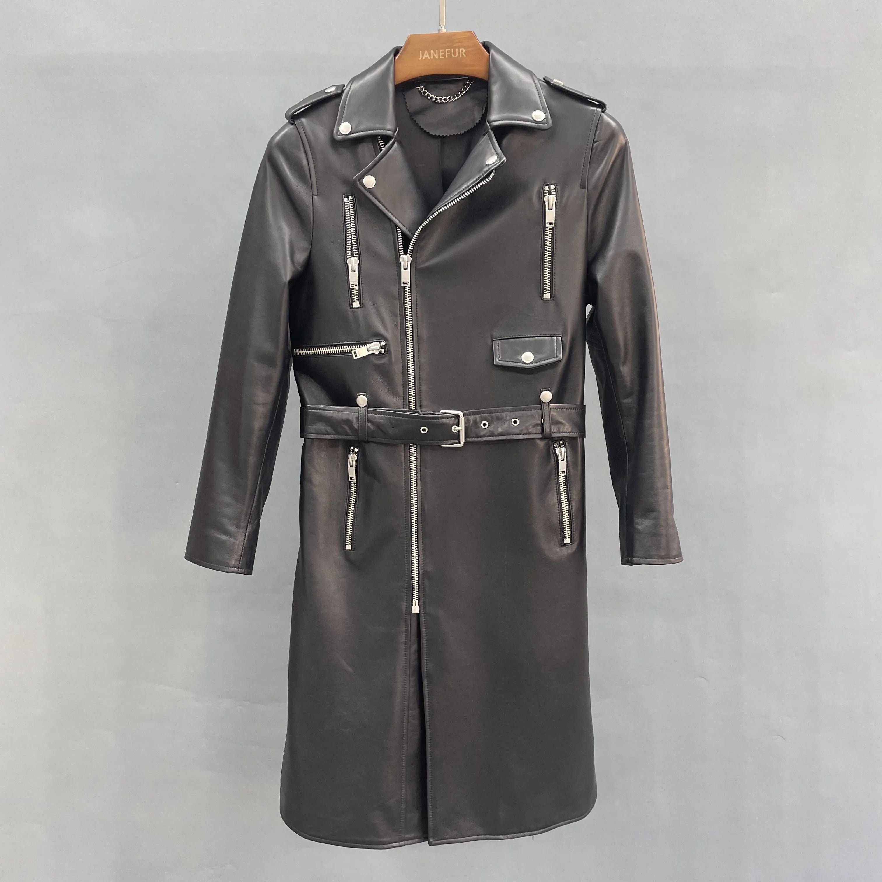 Fashion Women Jacket Elegant European Style Long Real Leather Trench Coat With Belt Spring Autumn Lady Outerwear