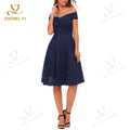 2023 Custom Bridesmaid Wedding Guest Women Wrap Front Shoulder Floral Bardot Lace Cocktail Formal Mid Length Party Evening Dress