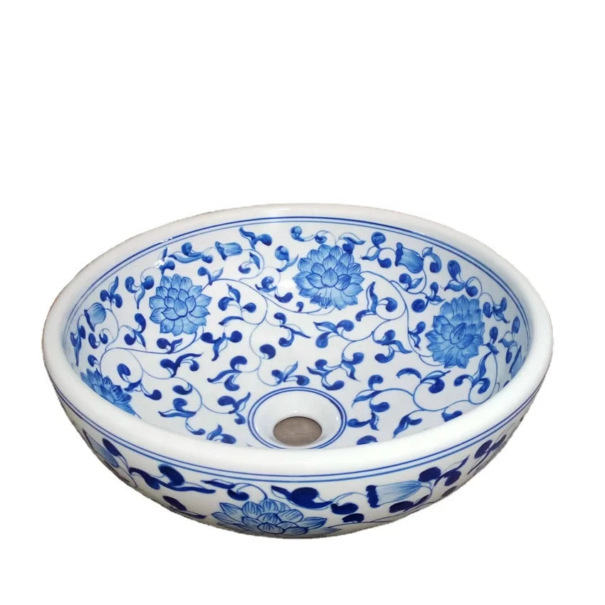 Modern Style Bathroom Decorative Wash Basin Hand Painted Porcelain Blue White Ceramic Countertop Mounted Sinks Bowls 12L