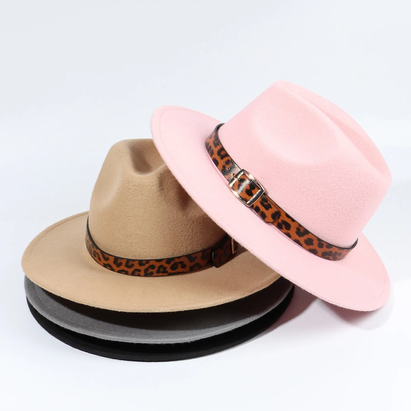 2025 New Solid Color Woolen Jazz Cap Wide Brim Ladies Bowler Hats Flat Top Fedoras Hats With Leopard Belt